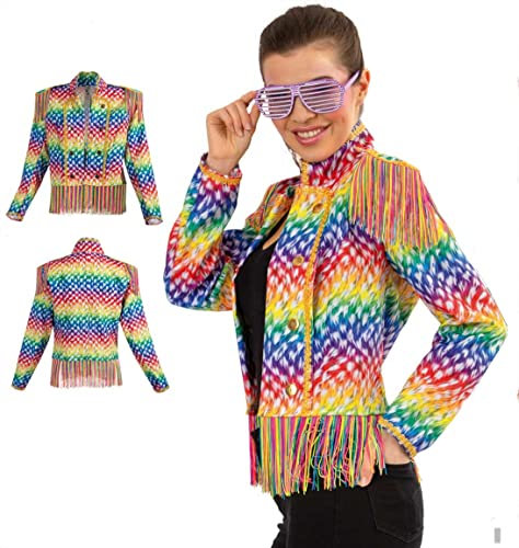 KarnevalsTeufel Bunte Jacke Damen Disco Neon Fransen Multicolor (L)