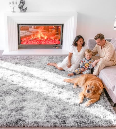 VOFUSHON Teppich Wohnzimmer 120 x 160 cm Hellgrau | Hochflor, Waschbar, OEKO-TEX Zertifiziert, 35D Rückprallschaum, Schlafzimmer, Rutschfeste Unterseite, Flauschig