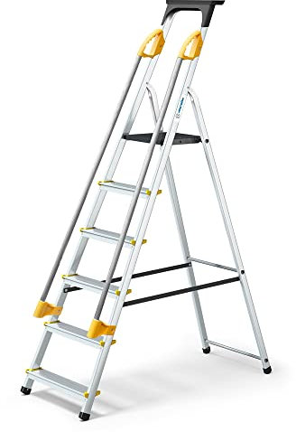 HOSTRÖM Escabeau 6 marches sécurisé avec rampes, Tablette Porte-Outils, marchepied Pliable Aluminium, Hauteur Plateforme 119cm, Garantie 5 Ans