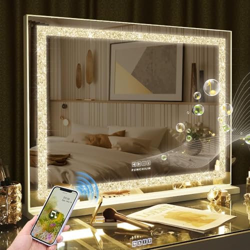 FENCHILIN Hollywood Mirror with Lights 80x60 cm Vanity Makeup Mirror with Lights LED Lightstrip USB Port 3 Lighting Modes 10x Magnifying Glass Touchscreen for Dressing Table
