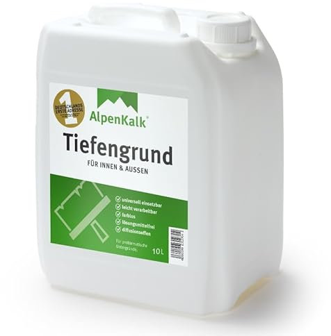 AlpenKalk Tiefengrund I 10 L für ca 100 m² | Atmungsaktive Grundierung für innen & außen | Lösungsmittelfrei, geruchsarm & farblos | Optimale Haftung & gleichmäßige Oberfläche