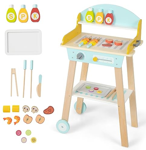 INFANS Kids Grill Playset, Wooden Pretend BBQ Toy Set with 21 Food Accessories, Role Play Kitchen Cooking Set Gift for Toddlers Boys Girls Age 3+