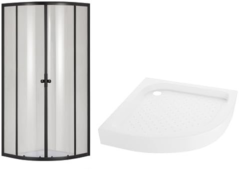 VBChome Duschkabin 90 x 90 svart med duschkar fjärdedel cirkel duschkar hörningång duschvägg skjutdörr duschavskiljare klart säkerhetsglas dusch duschskiljevägg fjärdedel cirkel 90 x 90 svart