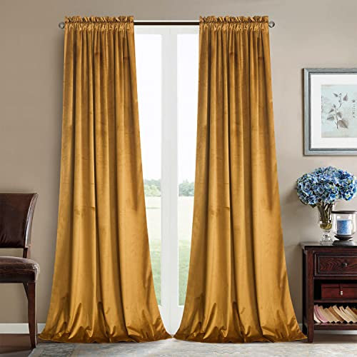 Roslynwood Gold Brown Velvet Curtains for Living Room - Blackout Fabric Lined Energy Saving Curtain Panels Privacy Window Covering for Studio/Theatre/Hall, W52 x L120 inches, 2 Panels