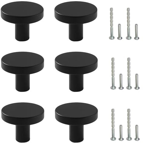 Mokife Möbelknöpfe Schwarz Matt, 6 Stück Metall Schrankgriffe Modern Runde Möbel Türknöpfe mit Schrauben für Kommode Schränke Küchenschränke Tür, 25x20mm