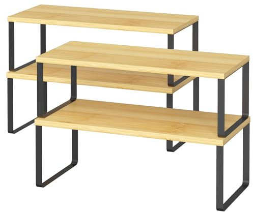 LIANTRAL Küchenschränke Organizer 4er Set, Küchenregal, Küchen Organizer, Gewürzregal, Metall und Holz, Erweiterbares, Stapelbares, Schrank Regaleinsatz, Breite 39,6 cm, Natur und Schwarz