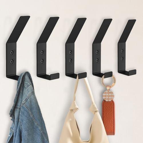 Bosdontek Ganchos de pared con Tornillo, 5 Piezas Ganchos Percheros de Pared Metal Gancho para Ropa, Percheros Pared Colgador Pared Moderno Percha Pared para Entrada Baño Cocina (Negro)