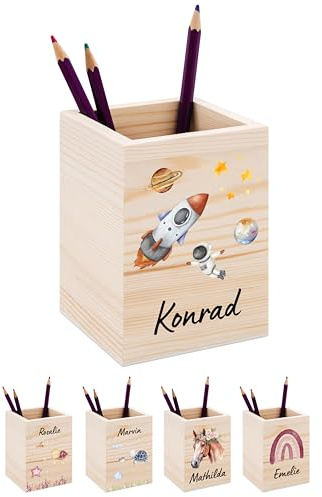 Bärenfreunde® - Personalisierter Stiftehalter Kinder aus Holz - Kreativer und praktischer Schreibtisch-Organizer Kinder mit Namen - Perfektes Einschulung Geschenk und Geburtstag (Astronaut Weltall)