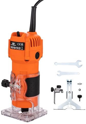 TOPWAY Electric Hand Trimmer Wood Router Laminator Joiners Tool 500W, Compact, 2 Chuck Collets 1/4 and 6mm, Trimmer Base, for DIY Woodworking (Budget) 100636