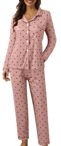Schlafanzug Damen Lang Baumwolle Zweiteiler Pjama Nachtwäsche mit Knopfleiste Bequeme Pyjamahose Pjama Set für Damen Frauen Morgenmantel Sleepwear Hausanzug