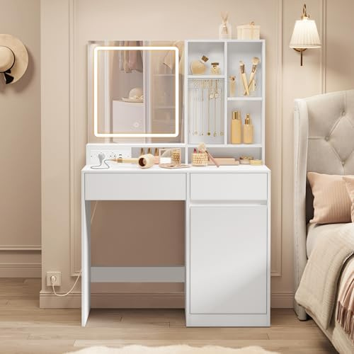 VASAGLE Sminkbord med spegel och ljus, sminkbord, 90 cm bredd, låda, justerbara hyllor, eluttag, smyckesförvaring, för sovrum, molnvit RDT134W01