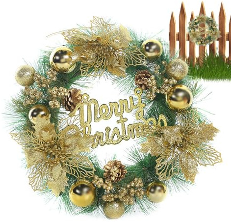 Corona di Natale pre-illuminata, corona di pigne | Corona di decorazioni per porte di Natale | Ghirlanda di Natale con luci calde, palle di Natale, pigne, aghi di pino per porto