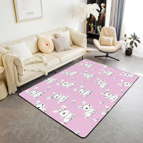 Homemissing Cute Kaninchen Wetterfest Modern Teppich Easter Bunny Outdoor Teppich für Jungs Jungen Mädchen Kawaii Tier Teppich 100x150cm Rosa Wohnzimmerteppich