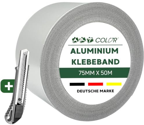 ART COLOR Ruban adhésif en aluminium 75 mm x 50 m – Ruban adhésif en aluminium résistant à la chaleur pour étanchéité et réparation, étanche à l'eau et à la vapeur