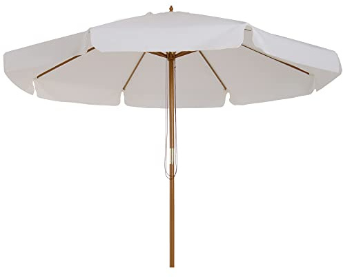 Outsunny 3.3m Wooden Garden Parasol Umbrella, Outdoor Sun Shade Canopy with 8 Bamboo Ribs, Ruffles and 4.7 cm Wood Pole for Balcony Deck Yard Market Beach Pool, Cream White
