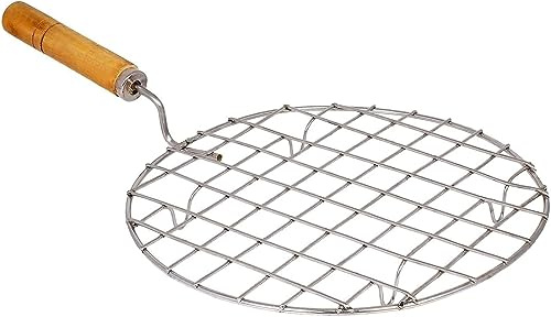 Stainless Steel Round Wire Roasting Rack with Wooden Handle Multi-Purpose Roasting Pan,Wire Roaster,Roasting Net, Roti Jari, Roti Grill, Papad Grill, Chapati Grill | 23 cm Diameter