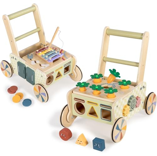LOL-FUN Wooden Walker for Babies 6-12 Months, Toddler Push Along Walker with Blocks, Carrot Activity Walking Toys for 1 Year Old Boys Girls Gift