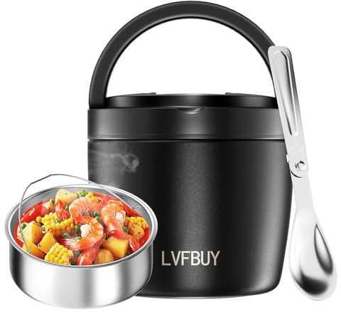 LVFBUY Vacuum Insulated Food Jar 32OZ For adults– Leakproof Food Thermo For Hot Food with Spoon, for Office&Camping,Black