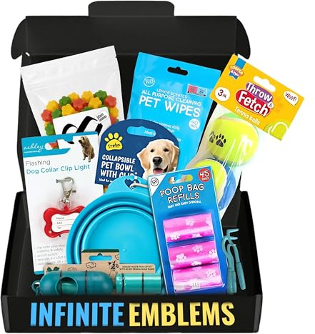 Dog Walking Gift with Tennis Ball x3, Collapsible Bowl, Pet Wipes, Poop Bag Dispenser and Refills, Safety Flashing Collar Tag, Tick Remover and Dog Treats