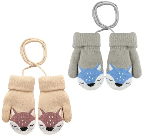 KASURE 2 Pairs Kids Knitted Gloves， Baby Mittens with Warm Plush Lining, Cute Fox Knitting Gloves With lanyard, for Toddler Girls Boys 0-3 Years (Khaki+Gray)