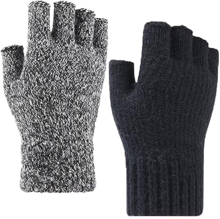 OHAVBBEI 2 Pairs Winter Fingerless Gloves for Women Men Half Finger Warm Touchscreen Knit Stretchy Mittens Typing Gloves, Black&Heather Gray, Medium