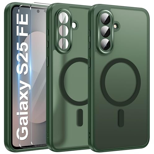 Opkiegrn Compatible with Samsung Galaxy S25 FE 5G Case with 2 HD Screen Protectors, [Compatible with MagSafe] Military-Grade Shockproof Translucent Matte Phone Case - Darkgreen | with 2 HD Screen Protector [Compatible with MagSafe] Military-Grade Shockproof Translucent Matte Phone Cover Case