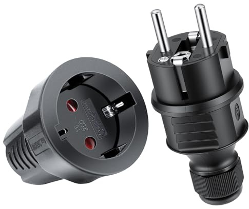 AXFEE Lot de 2 prises Schuko 250 V 16 A, 1 fiche + 1 prise, prise Schuko volant en caoutchouc, IP44, avec protection anti-pli, fiche externe mâle et femelle, pour câbles intérieurs et extérieurs