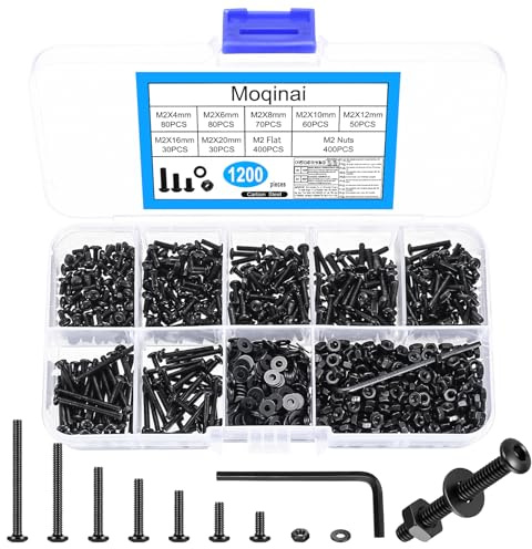 1200pcs M2 Screw Set, Black Carbon Steel Button Head Hex Socket Screws and Nuts Kit, Precision Machine Screws with Washers, Small Bolts Assortment in Organised Storage Box