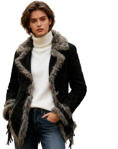 Generisch Damen Fellimitat Jacke Retro mit Pelzbesatz Winter Mantel Bohemian Stil Lang Langer Übergrößen Mantel für Winter