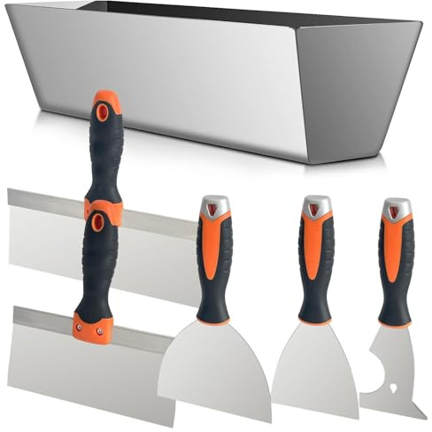 Socpuro Drywall Hand Tool Kit, 5Pcs Stainless Steel Putty Knife Scrapers Taping Knife with Mud Pan for Drywall Repairing, Paint Scraping and Wallpaper Removing (6pcs-O)