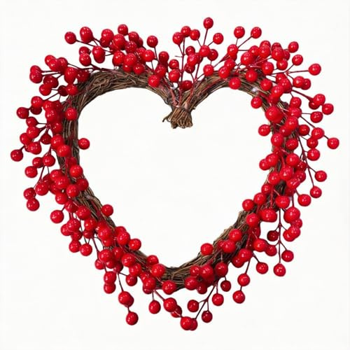 Heart Shape Artificial Red Berries Wreath, Versatile Garland for Holiday Wedding Birthday Party, Indoor Outdoor Front Door Fireplace Wall Window Decor