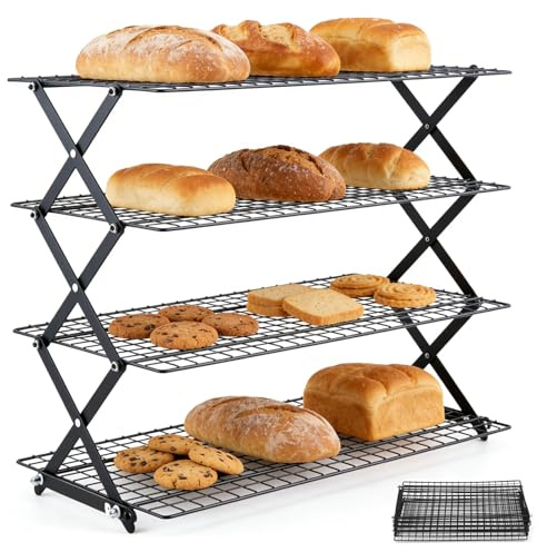 4 Stöckiges kuchengitter abkühlgitter,Klappbares Kuchengitter,Antihaftbeschichtung,Rechteckig Stapelbar Backgitter Kühlgitter,Geeignet zum Backen, Kochen, Braten und Trocknen von Keksen, Kuchen,usw