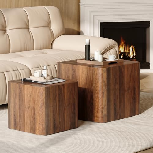 UNDUSLUY Nesting Coffee Table Set of 2, Modern Coffee Table and End Table Sets, Small Wooden Nesting Side Tables for Living Room Bedroom Apartment(Walnut)