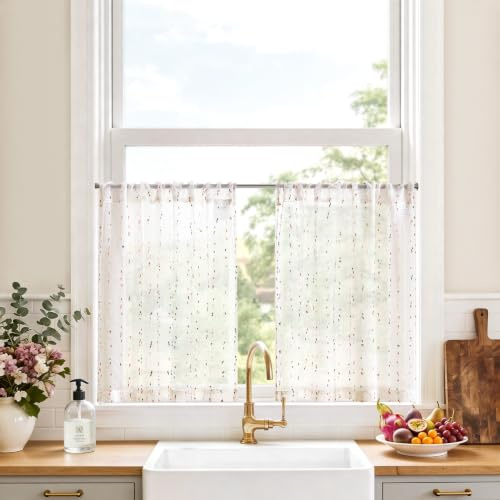Vangao Rideau Cuisine Voilage Fenetre 90L x 60H cm Lot de 2 Blanc et Rouge | Petit Rideau Sous Evier Court Lot de 2 Passe Tringle, Salon Chambre Placard Transparent Boheme Voile Rideaux Brise Bise