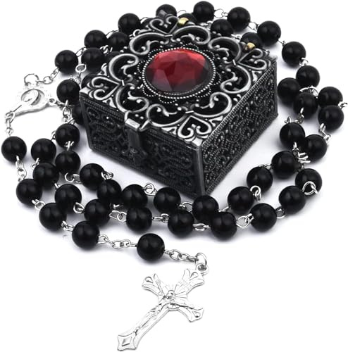 RICUHJIAJU Rosario Negro, Rosarios de Comunion con Caja, Rosary Necklace Unisex, Collar de Rosario, Regalo de Comunión para Niños Ancianos Seres Queridos
