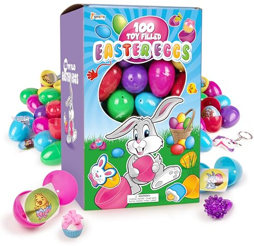 Giraffe 100 Pack Prefilled Easter Eggs Bulk - Multi Color Plastic Filled Easter Eggs for Kids with Toy Filled Slap Bracelets, LED Rings, Stickers - Easter Basket Stuffers for Kids