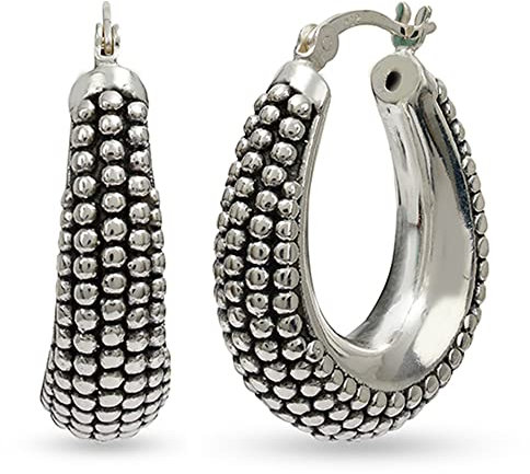 LeCalla 925 Sterling Silber Kaviar Creolen Medium Oval Antik Oxidiert Leichtgewicht Klick-Top Beaded Hoops für Frauen - 27MM