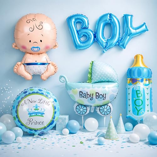 Trimming Shop, Folienballons für Baby-Party / Taufe / Taufparty, 36 cm, blau, für Neugeborene, Junge / Mädchen, mit Halm zum Aufblasen, Partydekoration