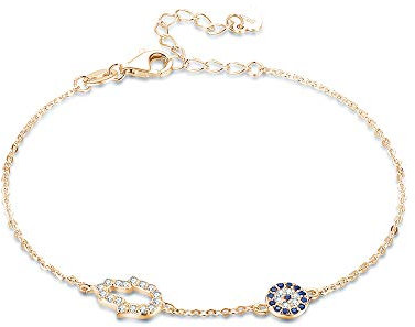 TONGZHE Golden Evil Eye Hamsa Hand of Fatima Bracelet Sterling Silver 925 CZ Chain 6.5inch+1.5inch