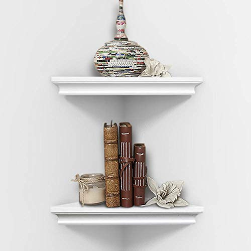 AHDECOR White Floating Corner Shelves Set of 2, Wall Mounted Engineered Wood Corner Shelf with Decorative Crown Moulding, Hand Painted Display Shelves for Living Room, Bathroom, Bedroom & Kitchen