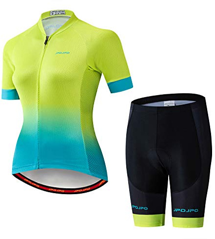 Damen-Fahrradtrikot-Set, kurzärmelig + 5D-gepolsterte Fahrradhose, schnelltrocknend, reflektierend, 3 Taschen, S-3XL, Jp2016, XL