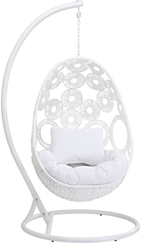 Kare Design Hängesessel Ibiza, Weiß, Indoor und Outdoor Hängestuhl, Hängekorb mit Gestell und 2 weißen Kissen, Bis 125kg belastbar, Weißes Stahlgestell, 209x120x104 cm (H/B/T)