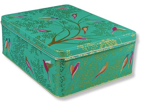 MediMuc Geschenkdose Design Sara Miller - Liebevoll gestaltete rechteckige Vorratsdose - Motiv exotische Vögel - Blechdose, Keksdose, Dose - Maße: (L x B x H): 19,5 x 15,4 x 7,5cm