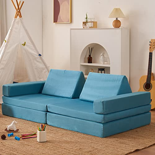 jela Kids Play Couch Extended Size 8PCS for Family, Floor Modular Foam Play Sofa for Kids Adults, Playhouse Play Set for Toddlers Babies, Foam Play Couch Castle Indoor 66 x 33 x 22 Lightblue