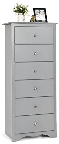 CASART Chest of Drawers, 6 Drawers Wooden Storage Cabinet with Metal Handles, Modern Utility Tall Dresser Chest Floor Sideboard for Bedroom Living Room Hallway (Grey)