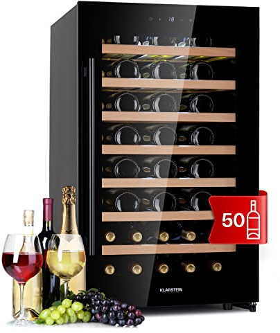 Klarstein Cave a Vin, Réfrigérateur à Vin avec Porte en Verre, Cave à Vin de Vieillissement, Zone Unique, Prosecco, Bière, Ecran Tactile, Réfrigérateur Bar, Frigo, Protection UV, 5-18°C, 52 Bouteilles