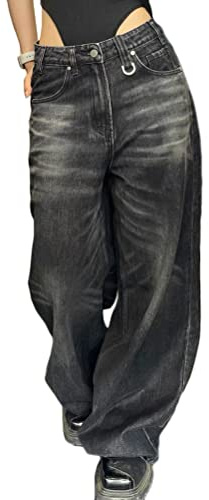 ORANDESIGNE Jeans Cargo Vintage Donna Hip Hop Y2K Baggy Gamba Dritta Pantaloni di Jeans Lavati Casual Stampati Ragazze Adolescenti Harajuku Skateboard Pants Streetwear B Nero XS