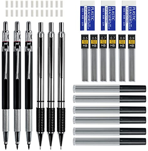 AUAUY 6 Stück Druckbleistifte Set, Automatische Metall Mechanische Stifte | Büro Zubehör, mit 12 Dosen Bleistiftminen und 3 Radiergummis, für Schule Schreiben, Zeichnen, Skizzieren (0,5+0,7+0,9+2mm)