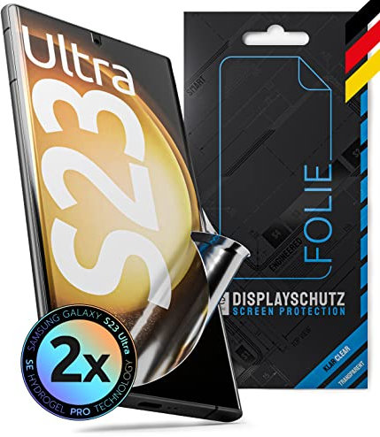 S.E für Samsung Galaxy S23 Ultra Schutzfolie aus Deutschland - 2x S23 Ultra Folie Hydrogel TPU Technologie, Stoß/Kratzfest,Einfache Installation ohne Staub,Fingerprint und Touch,S23 Ultra Hydrogel