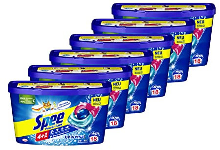 Spee Power Caps Universal 4 + 1 108 WL (6 x 18 Waschladungen), Vollwaschmittel für helle und weiße Wäsche, vordosiertes Waschmittel vereint Reinheit, Strahlkraft, Frische & Nachhaltigkeit